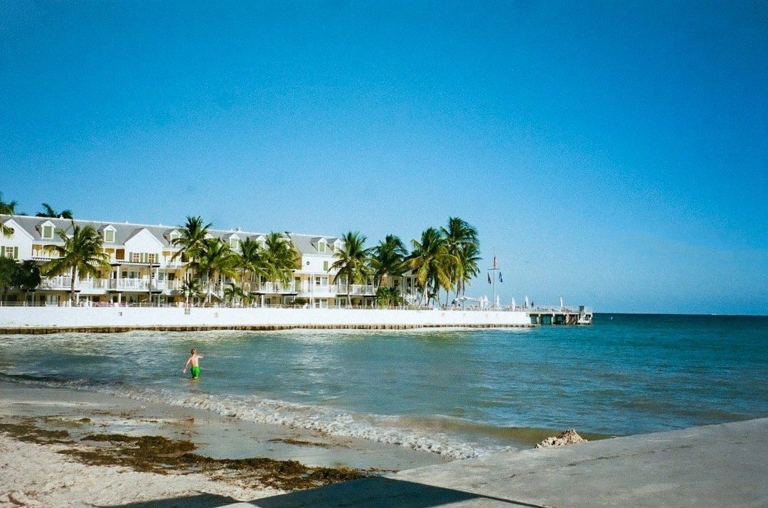 Palm-lined waterfront with resort buildings and a person wading in Key West