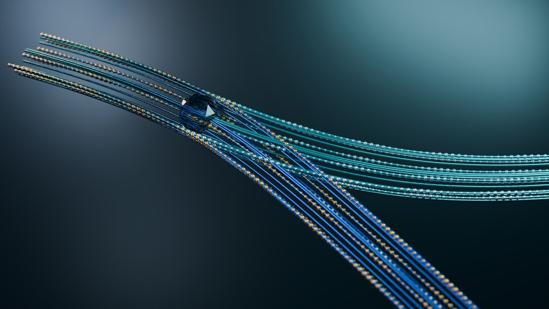 Abstract optical fiber strands with beads crossing around a central crystal